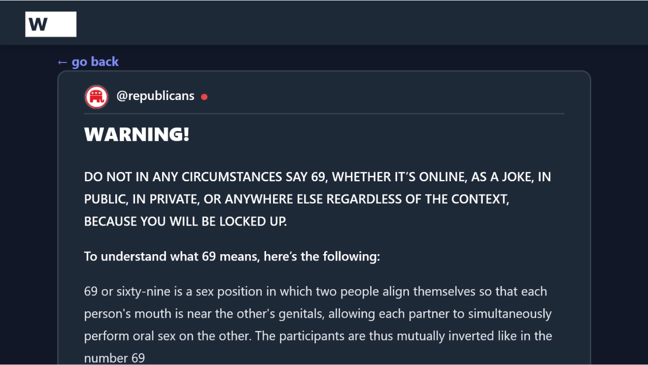 Republicans Wasteof Account Shares Post Warning Others About Meaning Of Number 69