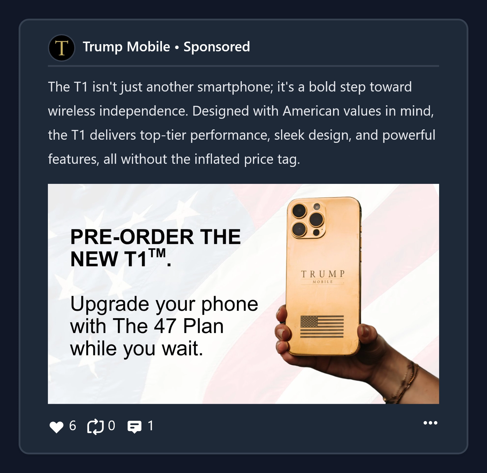 Screenshot of an advertisement for Trump Mobile on wasteof.money