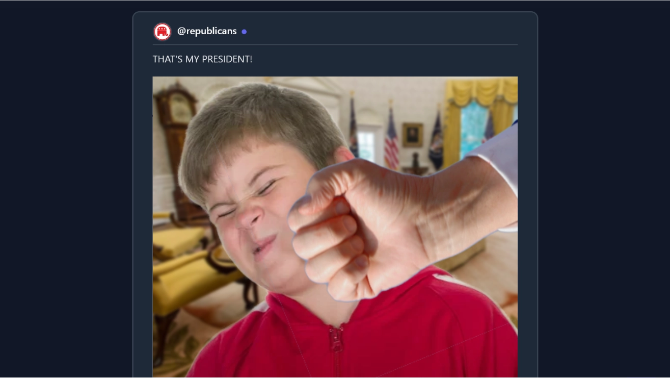Republican Wasteof Fan Account Posts ‘That's My President!’ With Picture Of Trump Punching Sick Child's Face In Oval Office